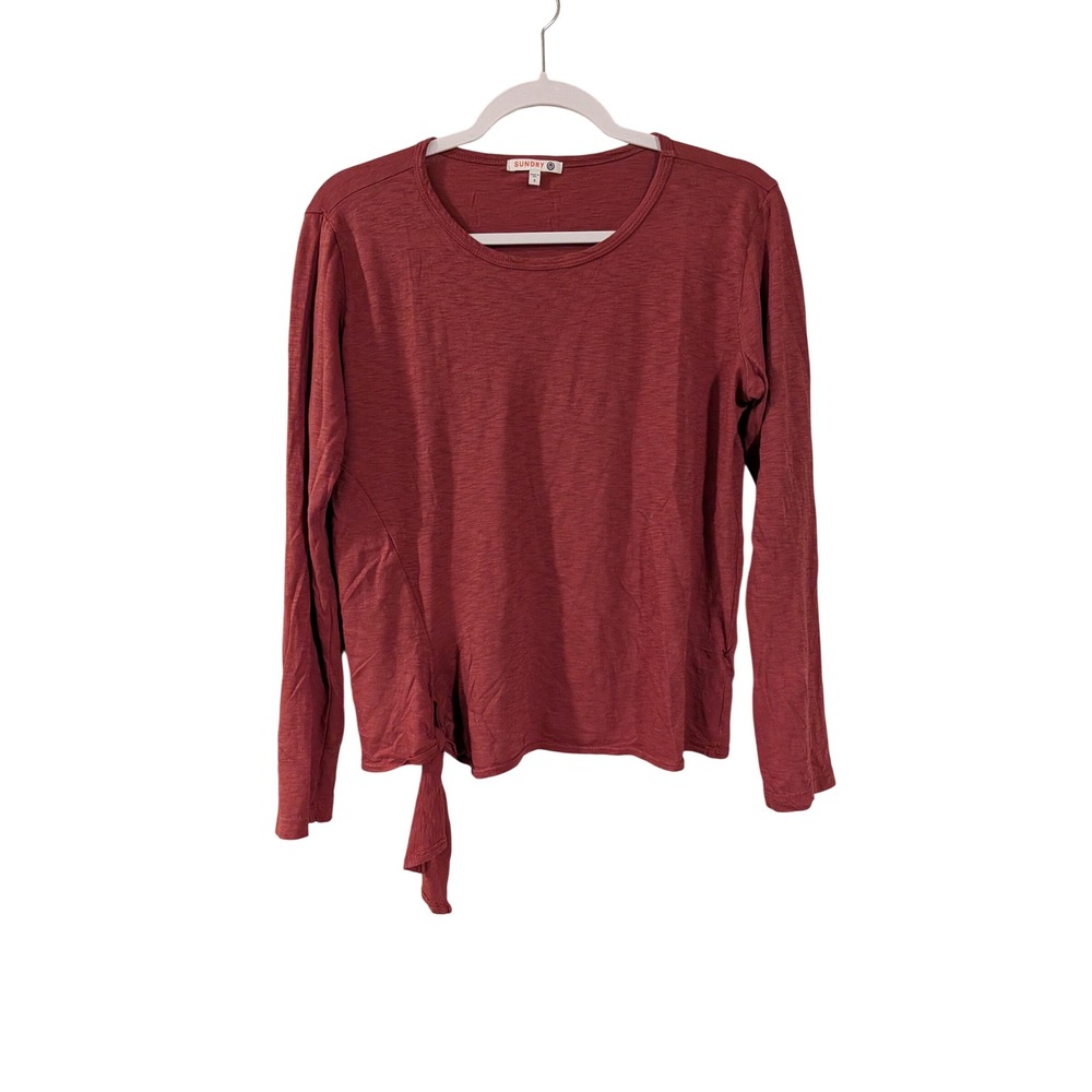 Sundry Long Sleeve Top Womens 2 Red Pima Cotton Side Tie Crew Neck Slub Knit